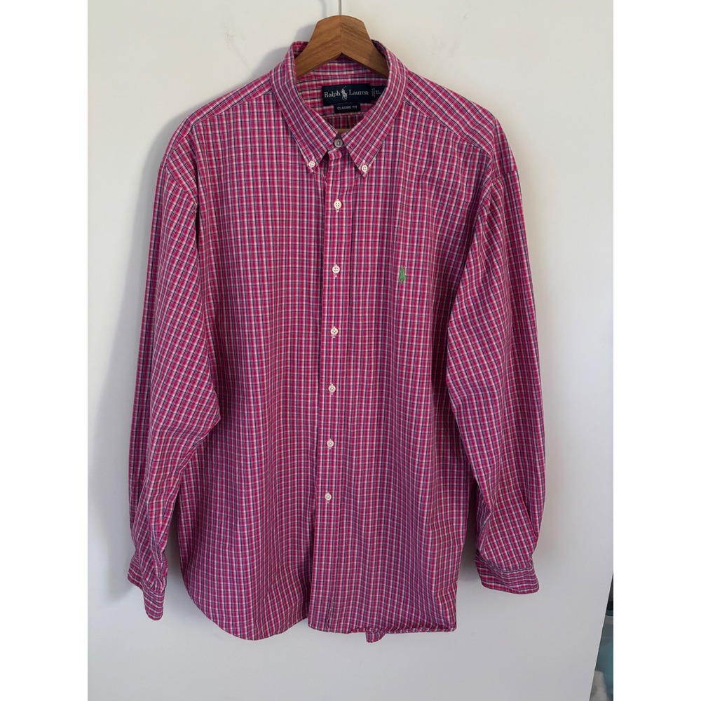 Polo Ralph Lauren Mens XL Classic Fit Plaid Button Down Shirt Pink Blue Cotton